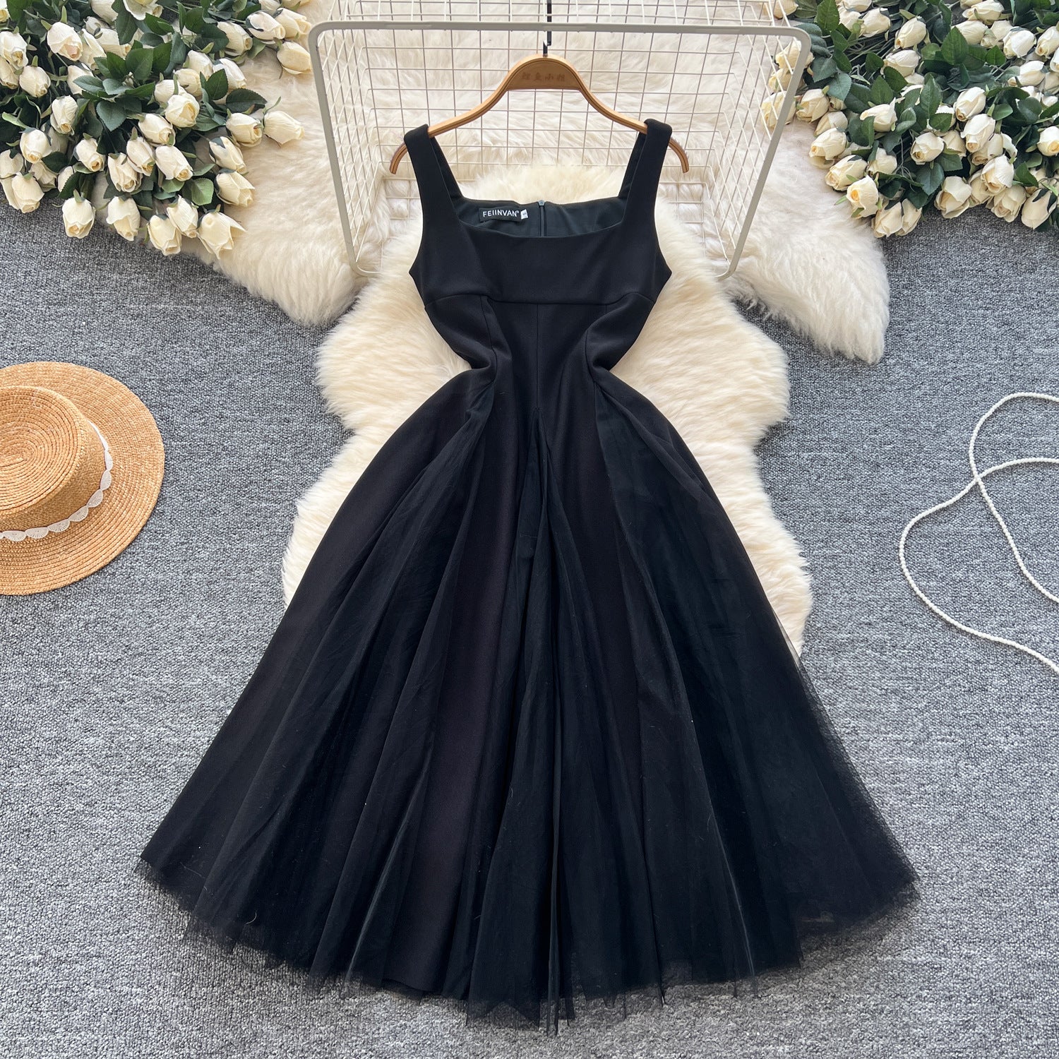 Women's Summer Square Neck Strap Mesh Patchwork Puffy Long Dress 7