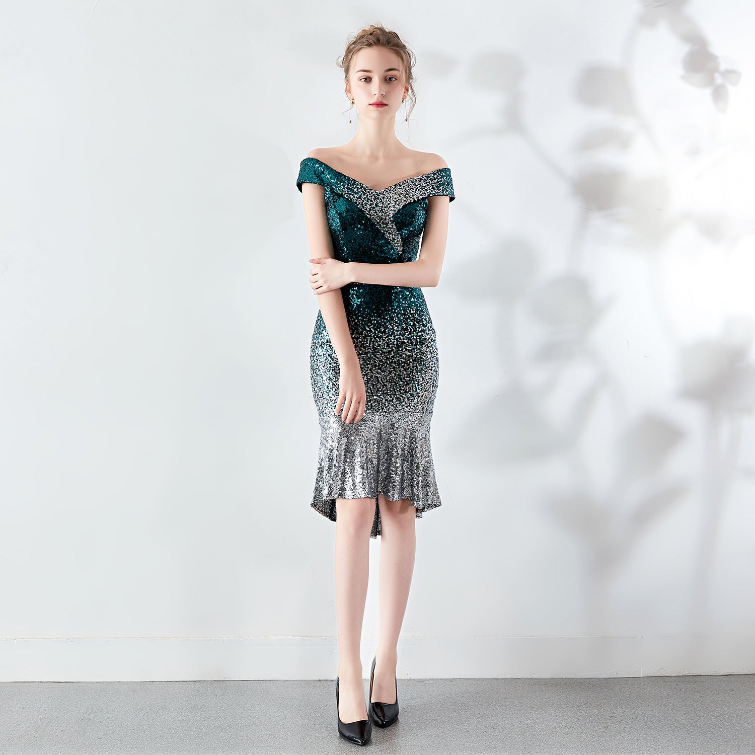 Wrapped See-Through L Gradient Sequins Bodycon Sexy Wedding Formal Party Dress