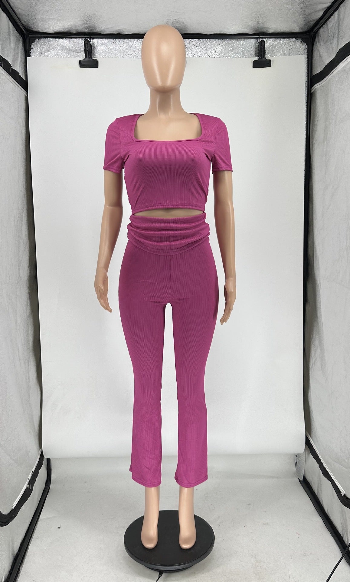 Women Summer Ribbed U-neck Short Sleeve Top and Pant Two-piece Set 22