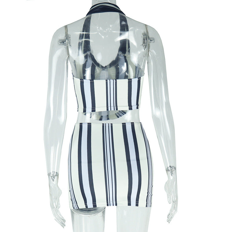 Women Fall Style Printed Sleeveless Halter Neck Striped Contrast Top and Skirt Two Piece Set 8