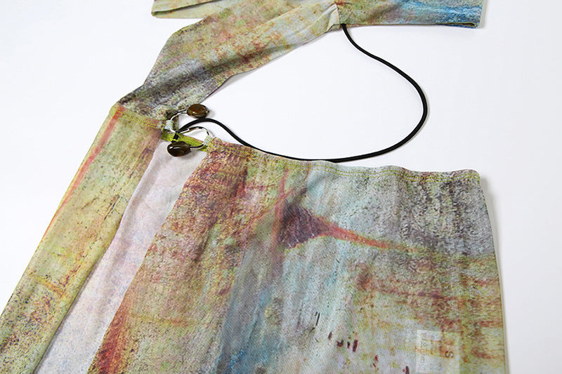 Summer Women's Sexy Hollow Fashion Print Strap Slit Long Dress 13