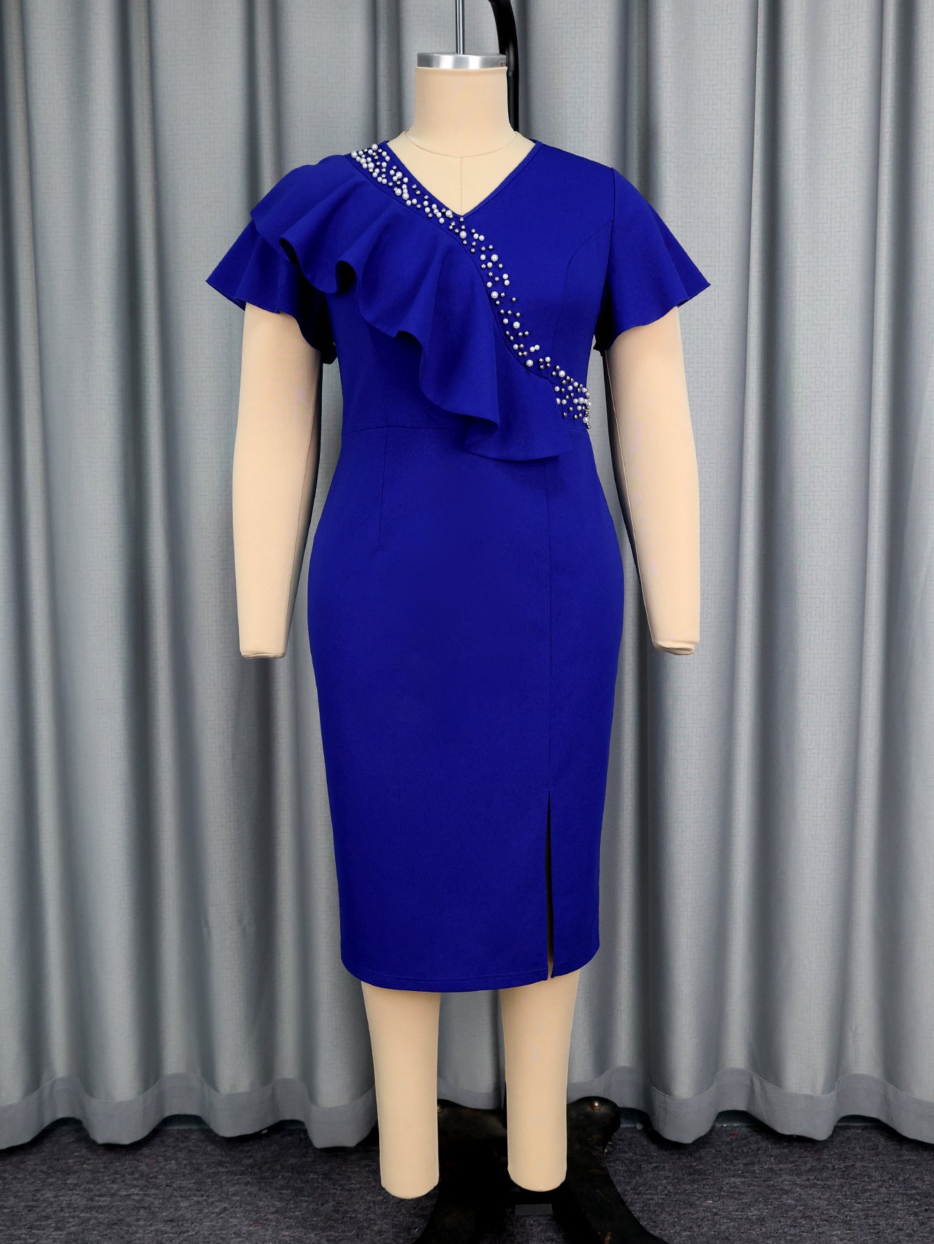 Plus Size Blue V-Neck Chic Dress Flounce Rhinestone Slit Elegant Fashion Midi Dress 7