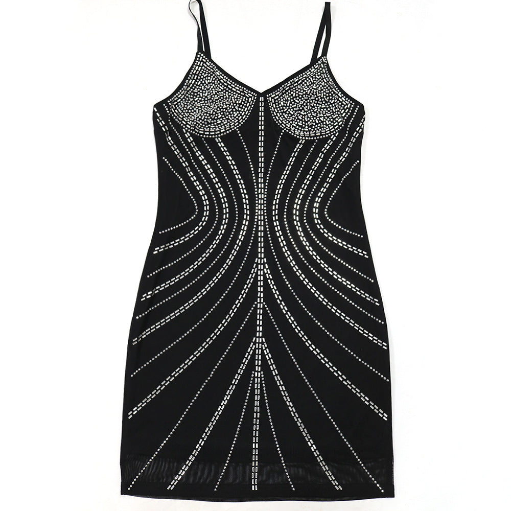 Women Solid Color Sexy Strap Bodycon Beaded Party Dress 8