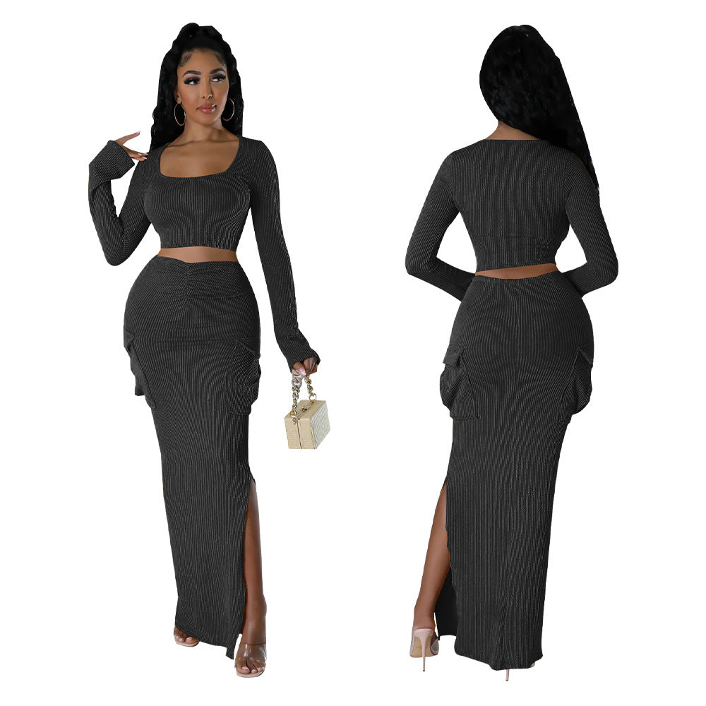 Fashionable Women's Ribbed Printed Long Sleeve Side Pockets Slit Two Piece Skirt Set 4