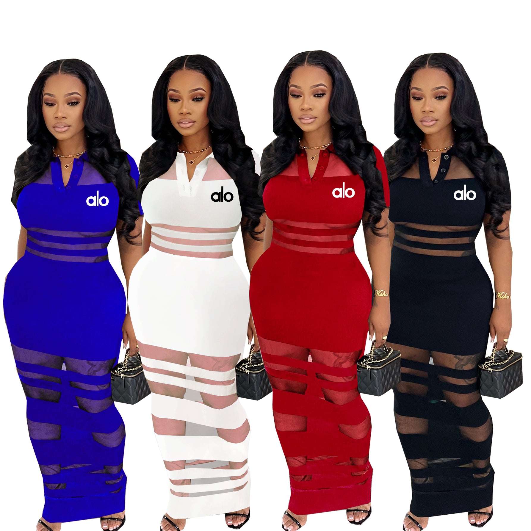 Women Sexy Mesh Patchwork Polo Neck Bodycon Dress 10