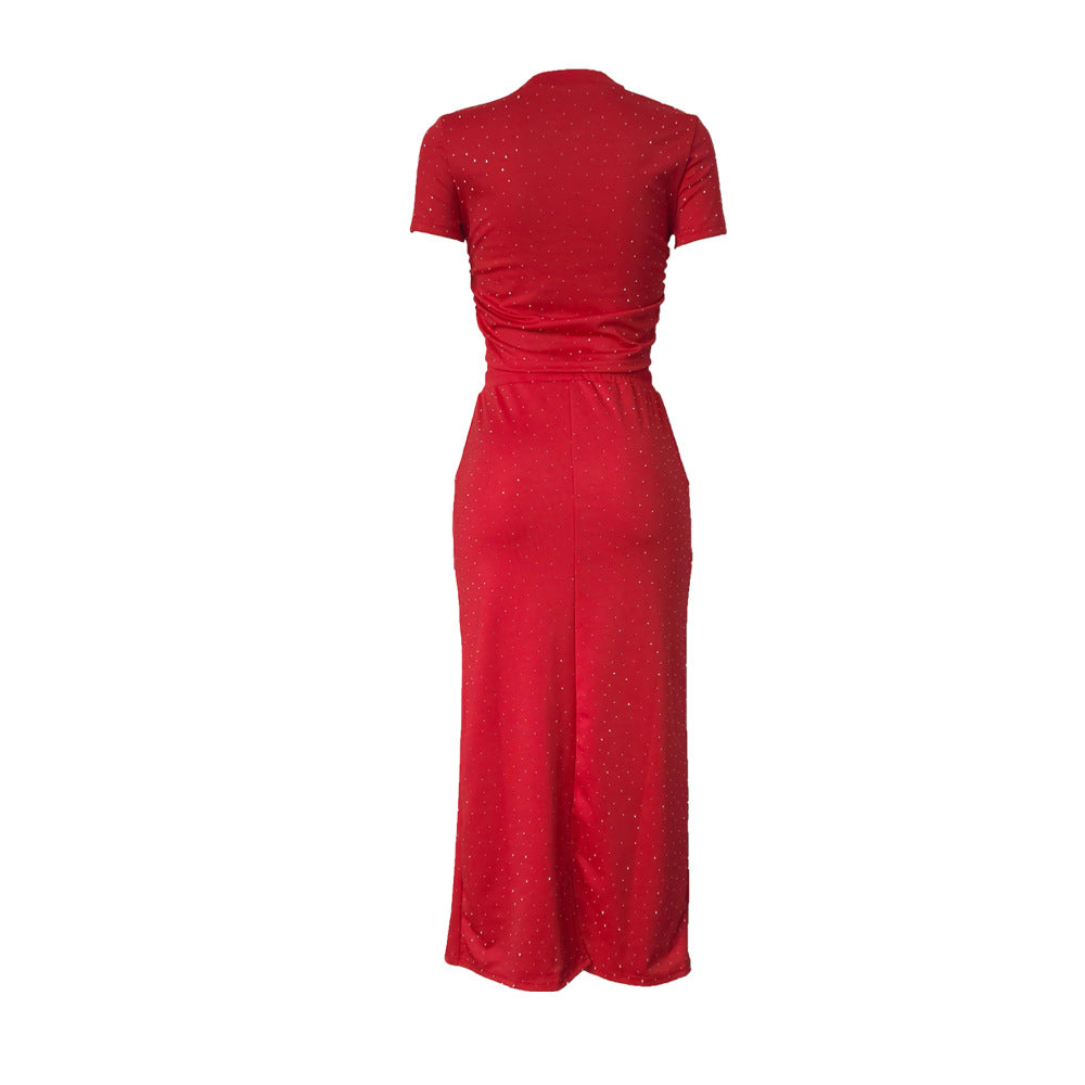 Women's Casual and Fashionable Summer Short Sleeve Two Piece Long Skirt Sets 10