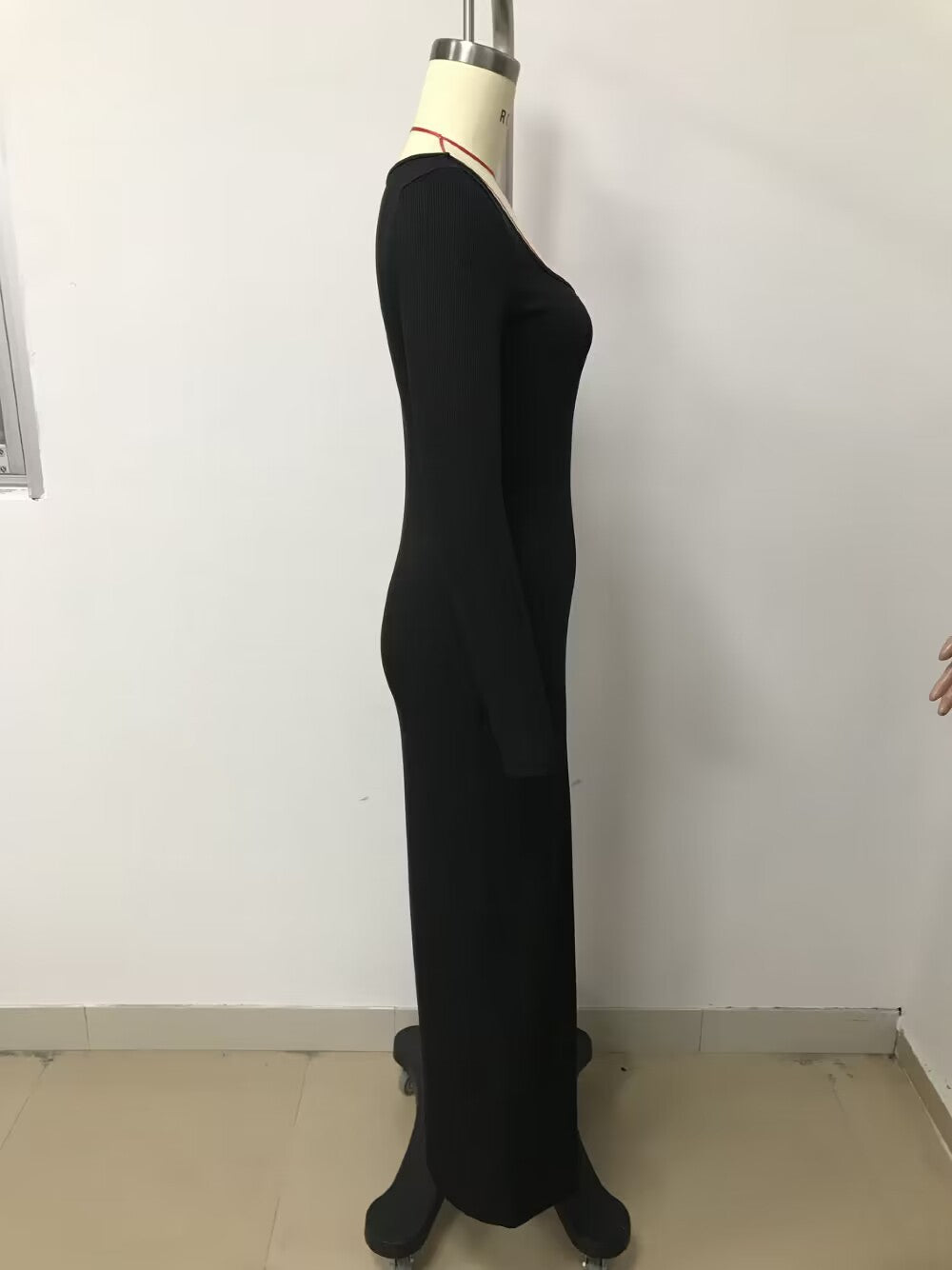 Women's Fashion Square Collar Solid Color Long Sleeve Ribbed Long Dress 11