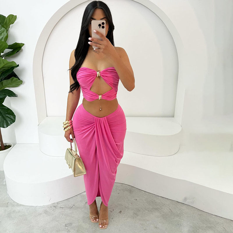 Summer Hollow Low Back Strapless Top and High Waist Solid Color Slit Skirt Set for Women 7