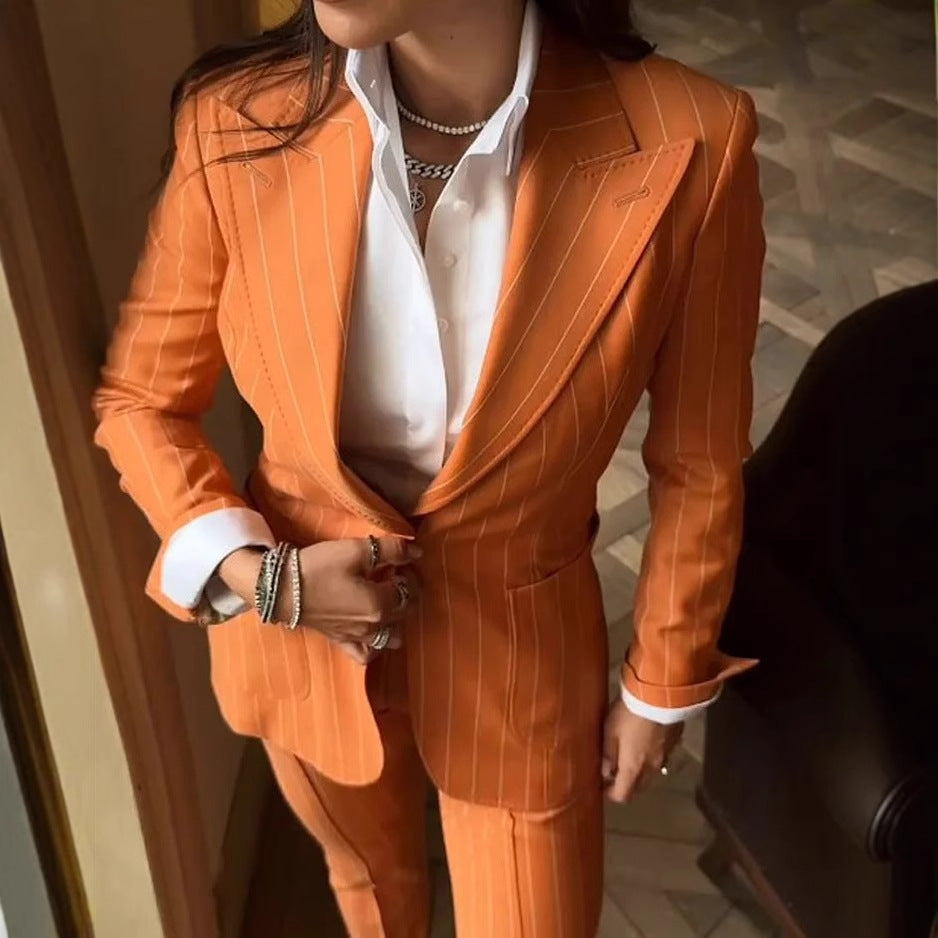 Women Turndown Collar Long-Sleeved Striped Solid Blazer and Pant Two-Piece Set 5