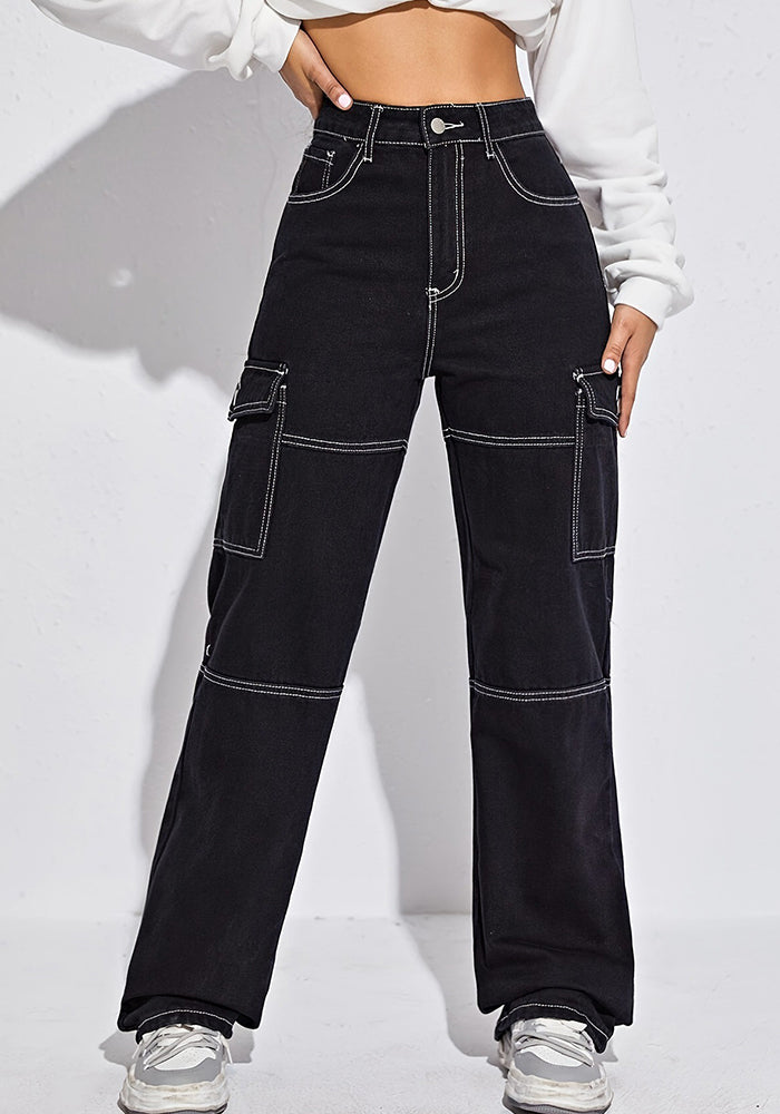 Women's Black Pocket Straight Denim Pants