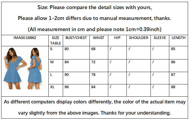 Women Hollow Lace Puff Sleeve Denim Dress 7