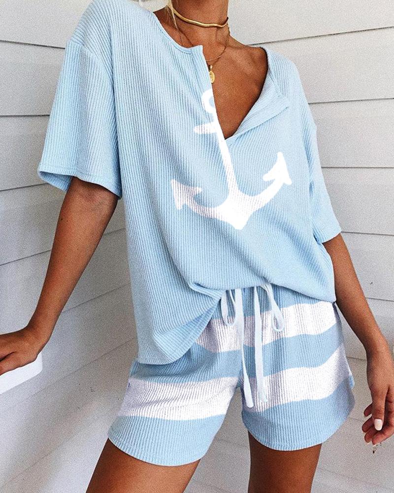 Women Contrast Blue Striped Loungewear Two-piece Set 4