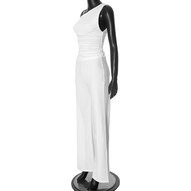 Women's Spring Summer Slash-Shoulder Gathered Waist Top Loose Pants Set 10