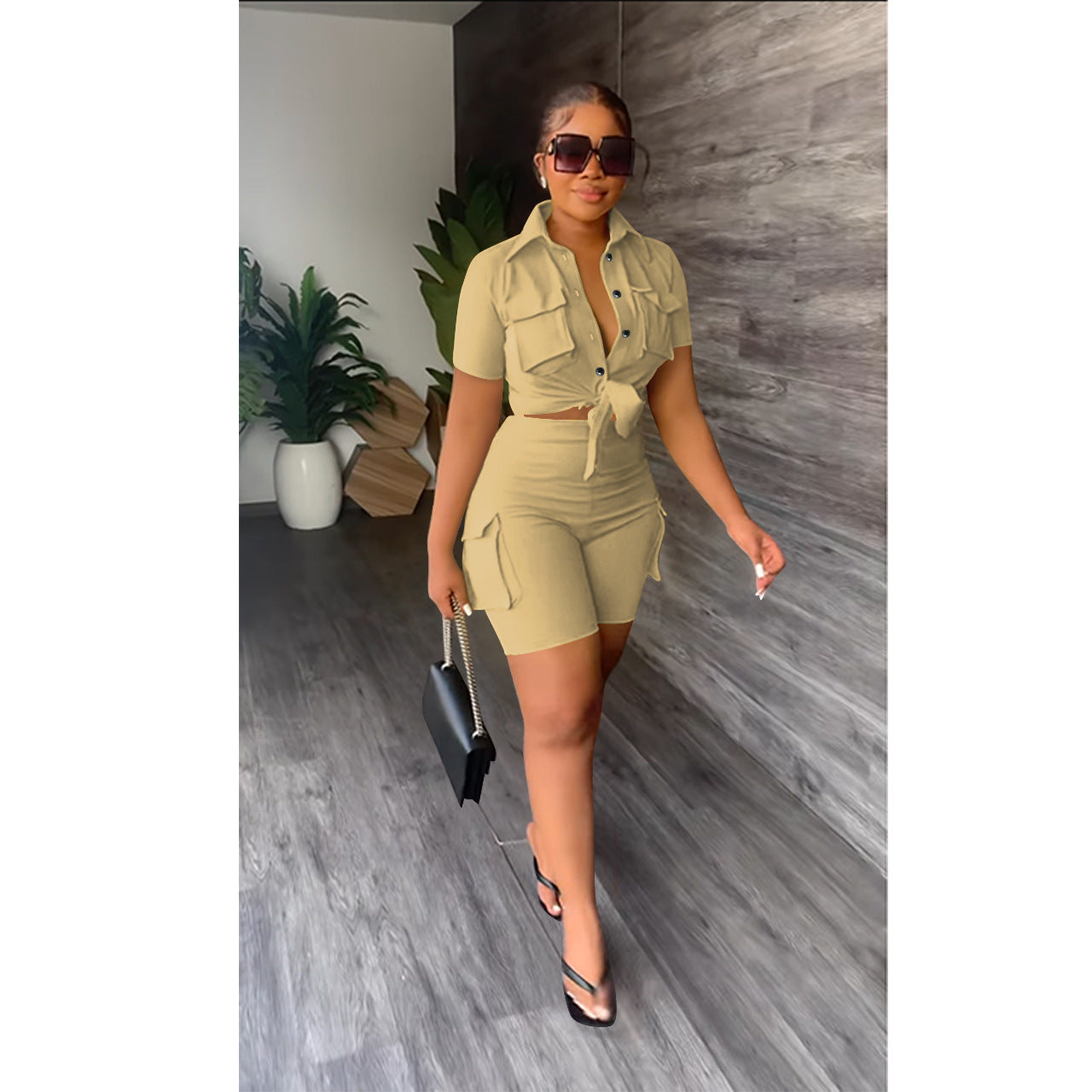 Women'S Solid Color Short Sleeve Shirt Shorts Two-Piece Set 5