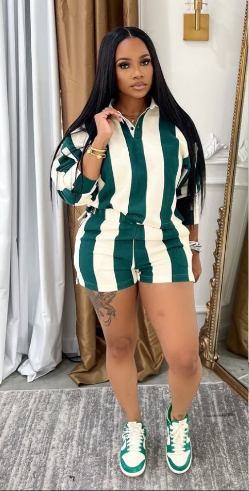 Spring Women Casual Striped Turndown Collar Top Shorts Two-Piece Set 3