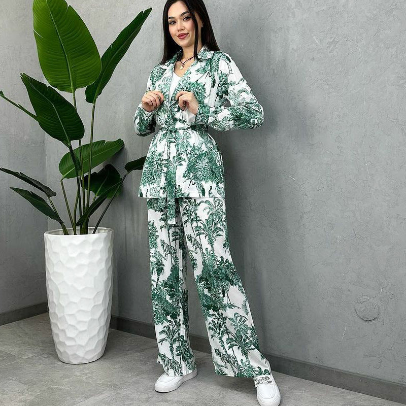 Women printed long-sleeved tie Top and Pant Casual two-piece set