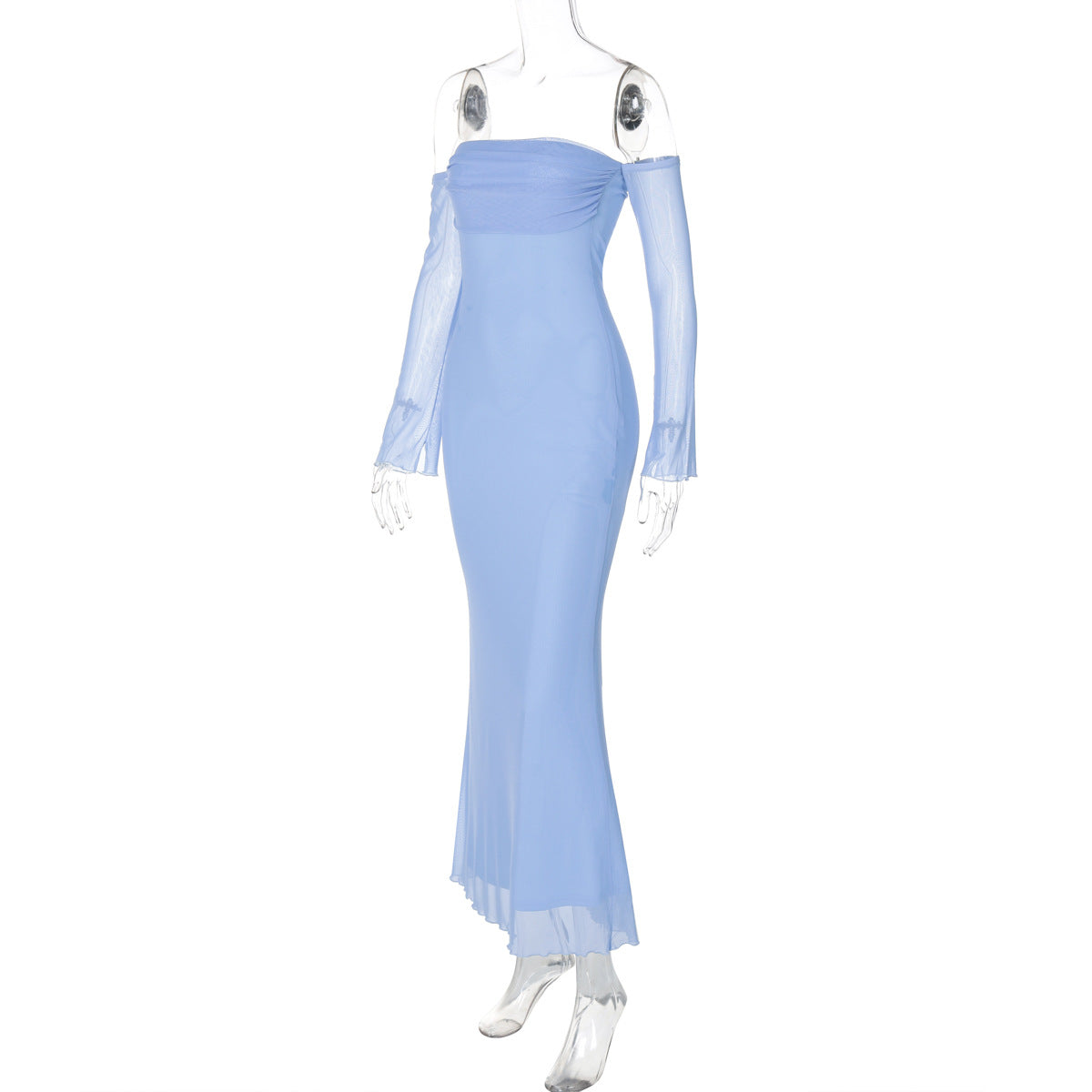 Women Summer Strapless Off Shoulder Patchwork Long Sleeve Sexy Mesh Dress 8