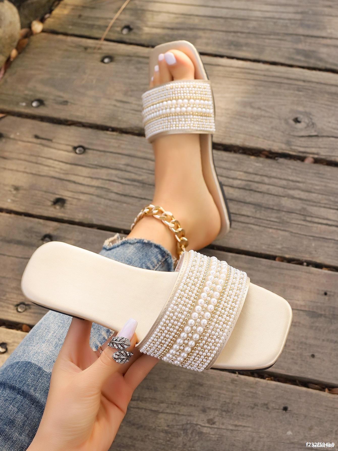 Plus Size women's square toe rhinestone beach sandals beaded flat bottom flip flops slipper 11
