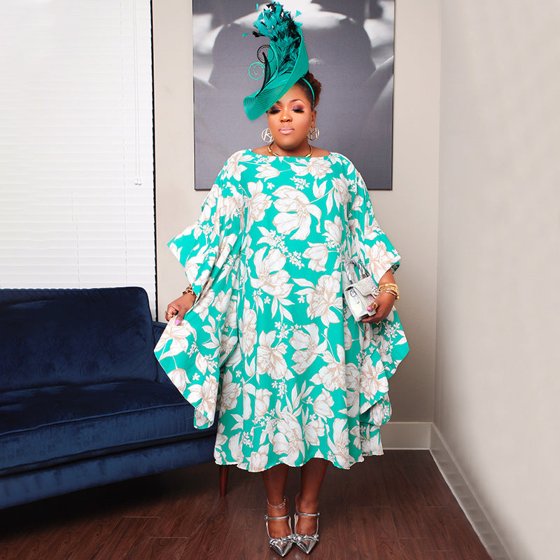 Women's Slit Multicolor Skirt Kimono Sleeves Plus Size Dress Loose Nightclub Dress