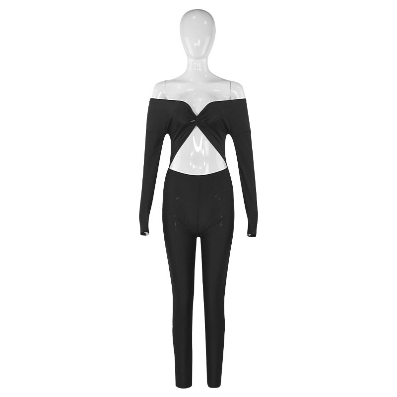 Spring Solid Color V-Neck Off Shoulder Knot Hollow Sexy High Waist Long Sleeve Jumpsuit 10