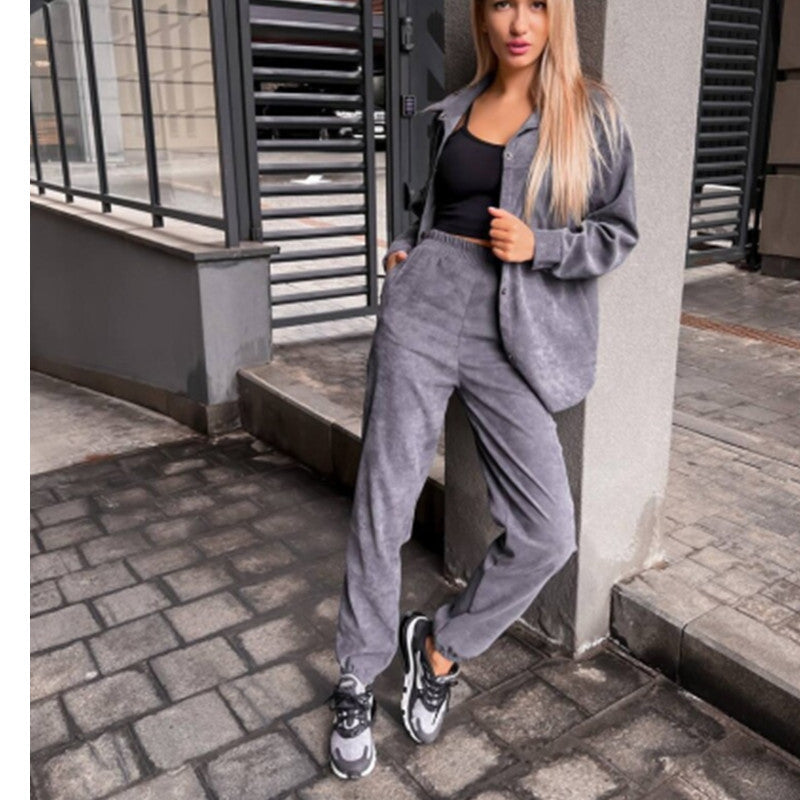 Women Fall Button Long Sleeve Shirt and Pant Two-piece Set 6