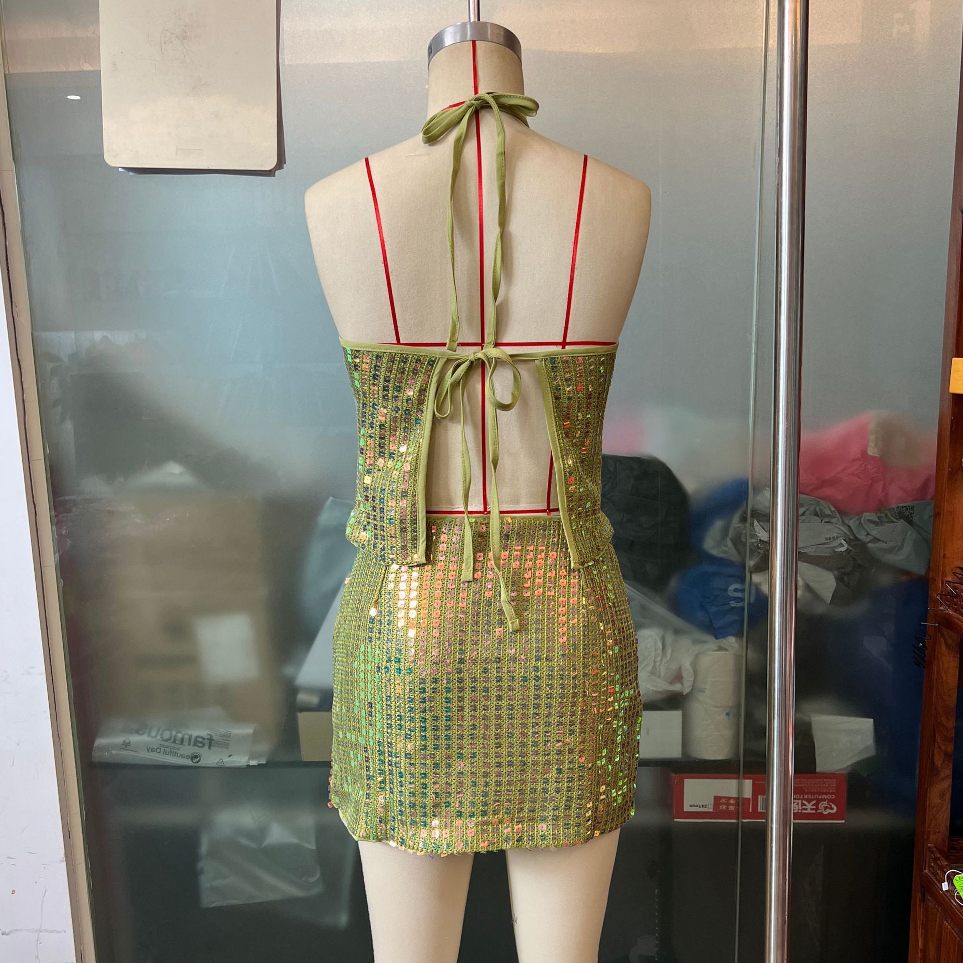 Women's Sexy Sequin Strap Crop Top Bodycon Skirt Set 5