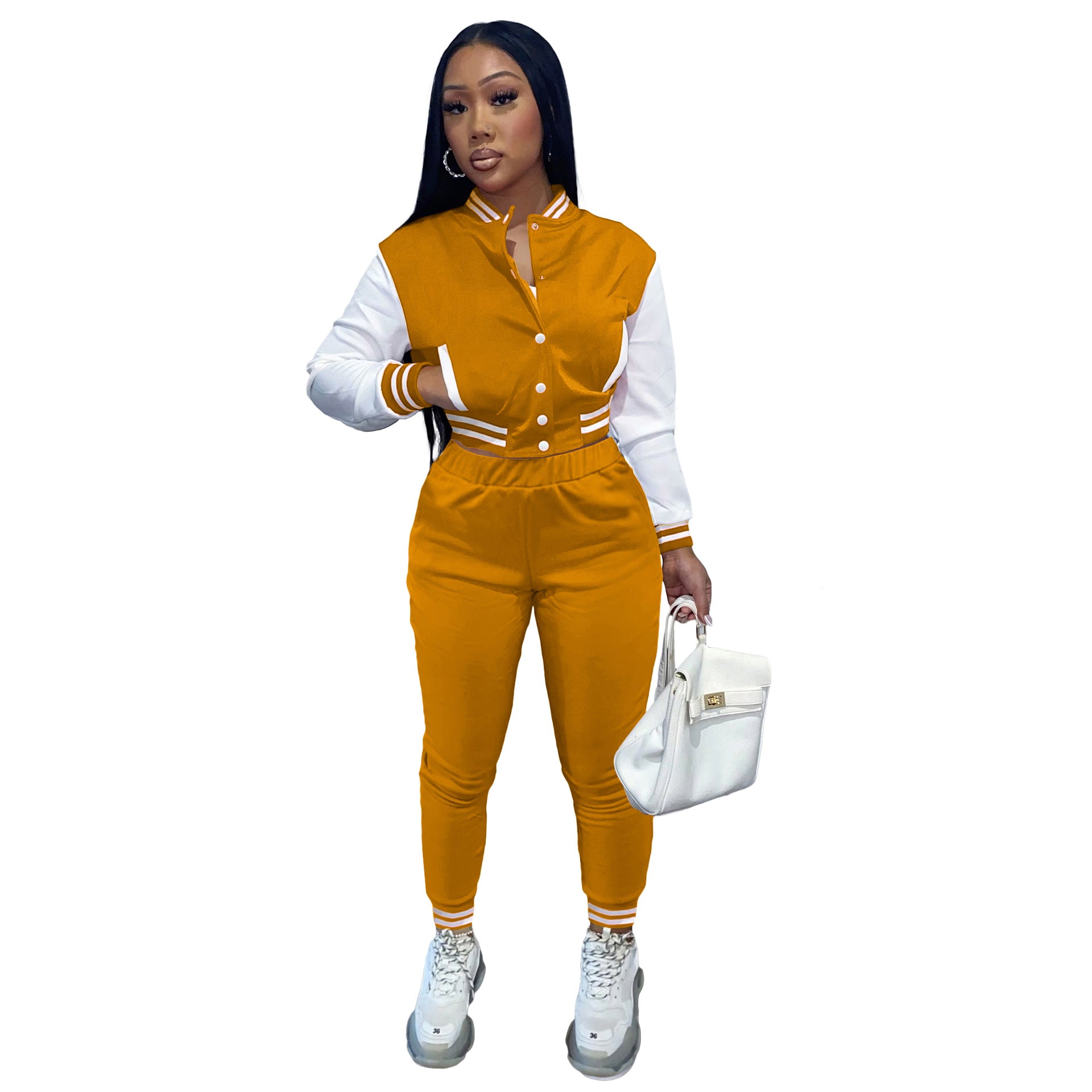 Women's Color Block Single Breasted Patchwork Long Sleeve Baseball Jersey Pants Two Piece Set For Women 21