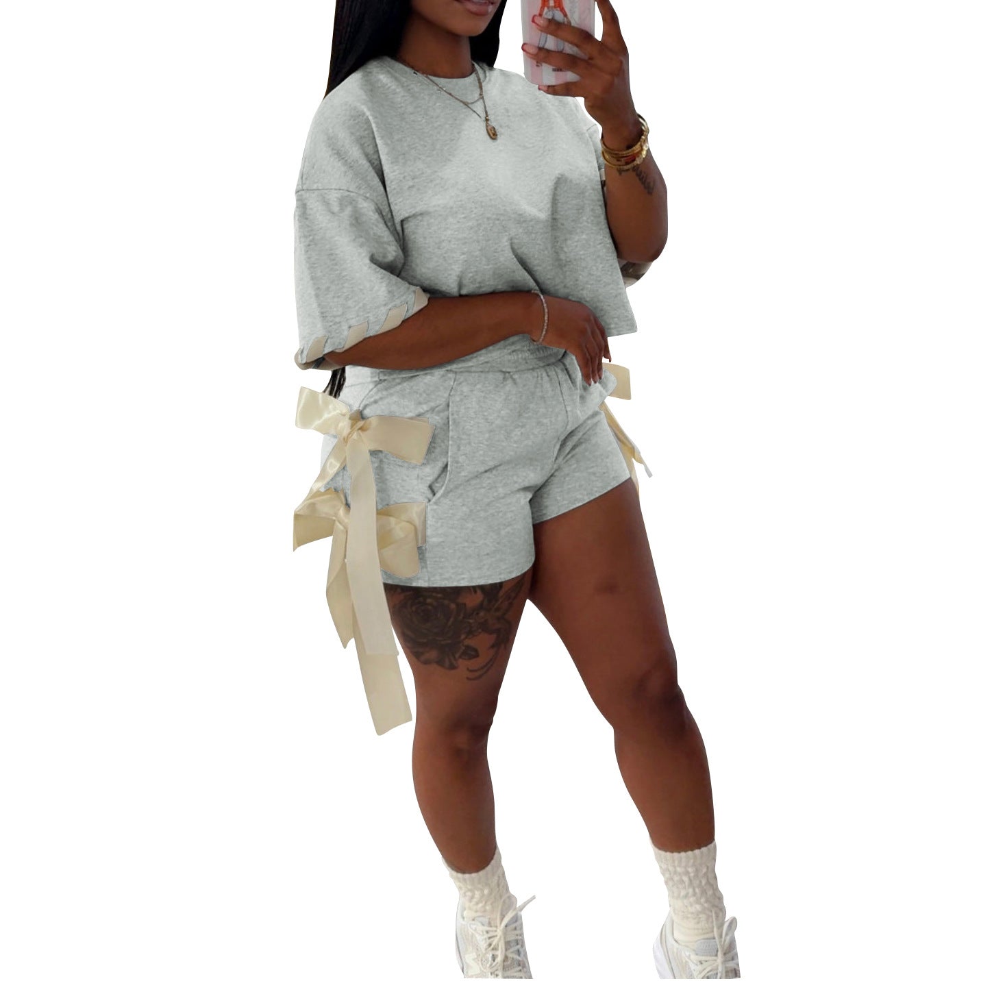 Women Casual Solid Round Neck Short-Sleeved T-Shirt and Shorts Two-Piece Set 13