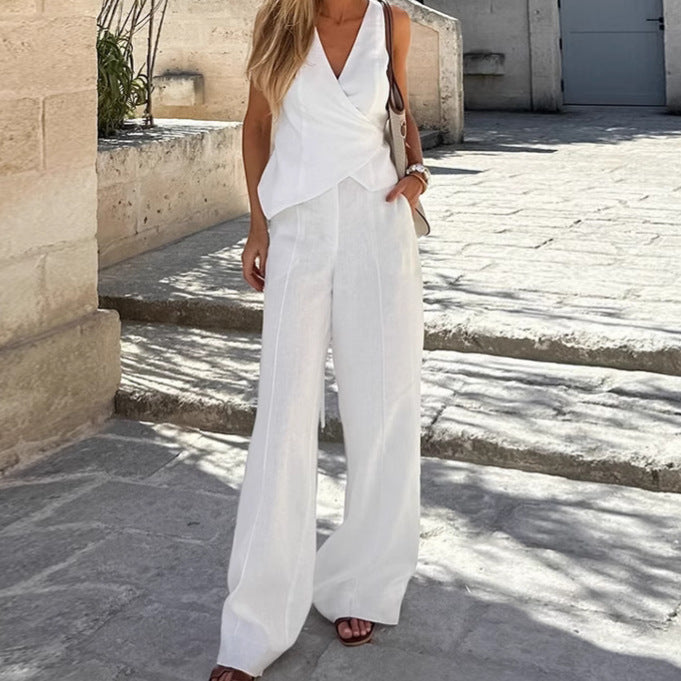 Women White V-Neck Lace-Up Vest and Pants Two Piece Set 7