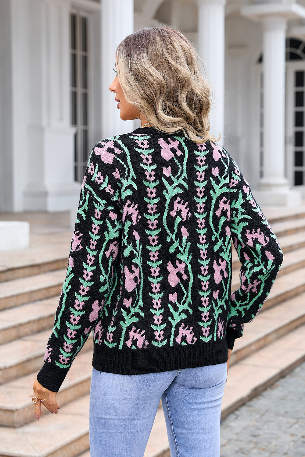 Women Jacquard Branch Round Neck Floral Sweater 19