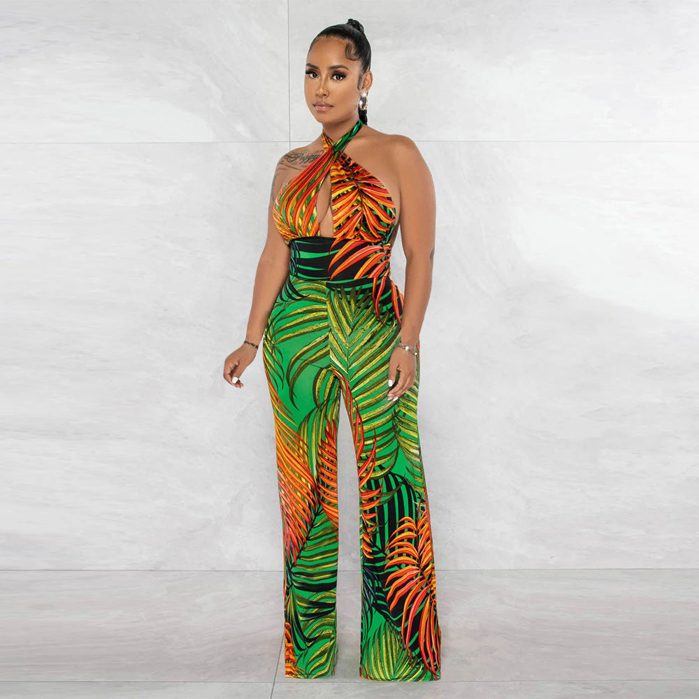 Women Sexy Backless Lace-Up Print Sleeveless Jumpsuit 6