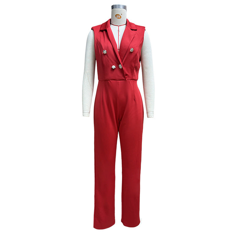 Summer Chic Solid Color Turndown Collar Sleeveless Jumpsuit Slim Fit Stylish Outfit 5