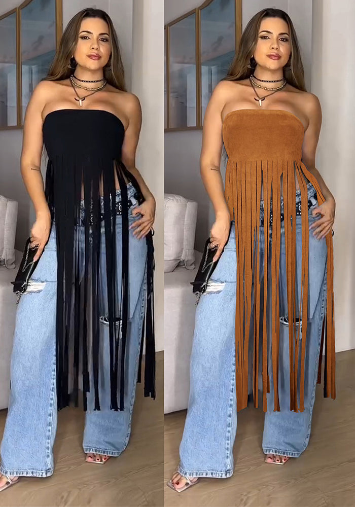 Women Sexy Suede Strapless Solid Fringe Dress
