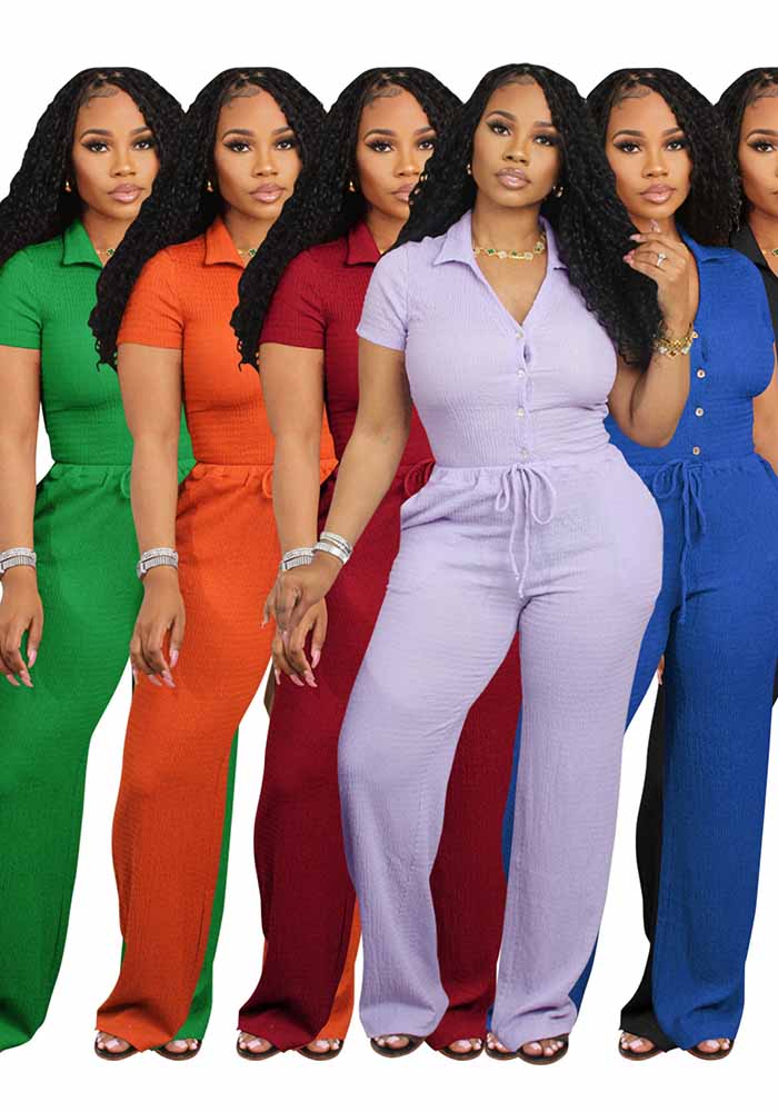 Women short-sleeved loose pleated v-neck shirt and trousers two-piece set 8