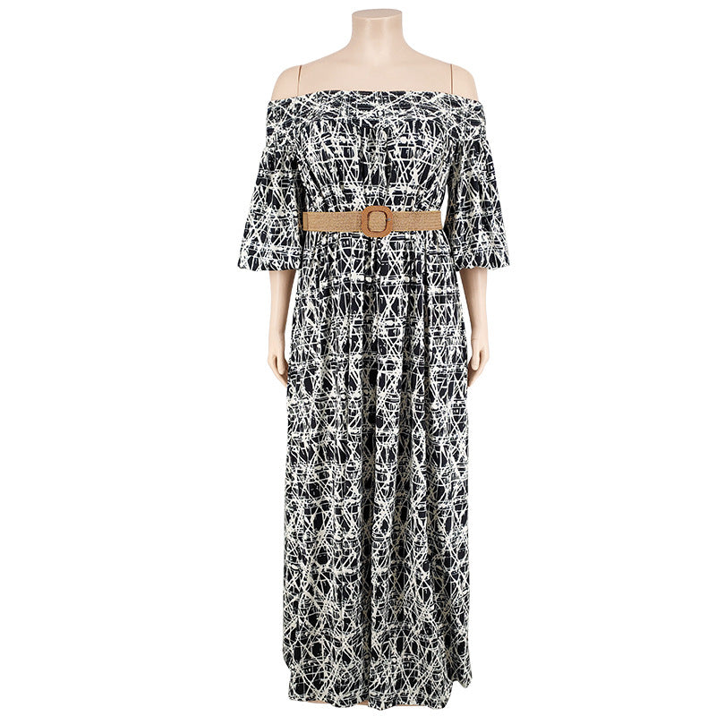 Plus Size Women Fall Off Shoulder Long Sleeve Dress with Belt 21