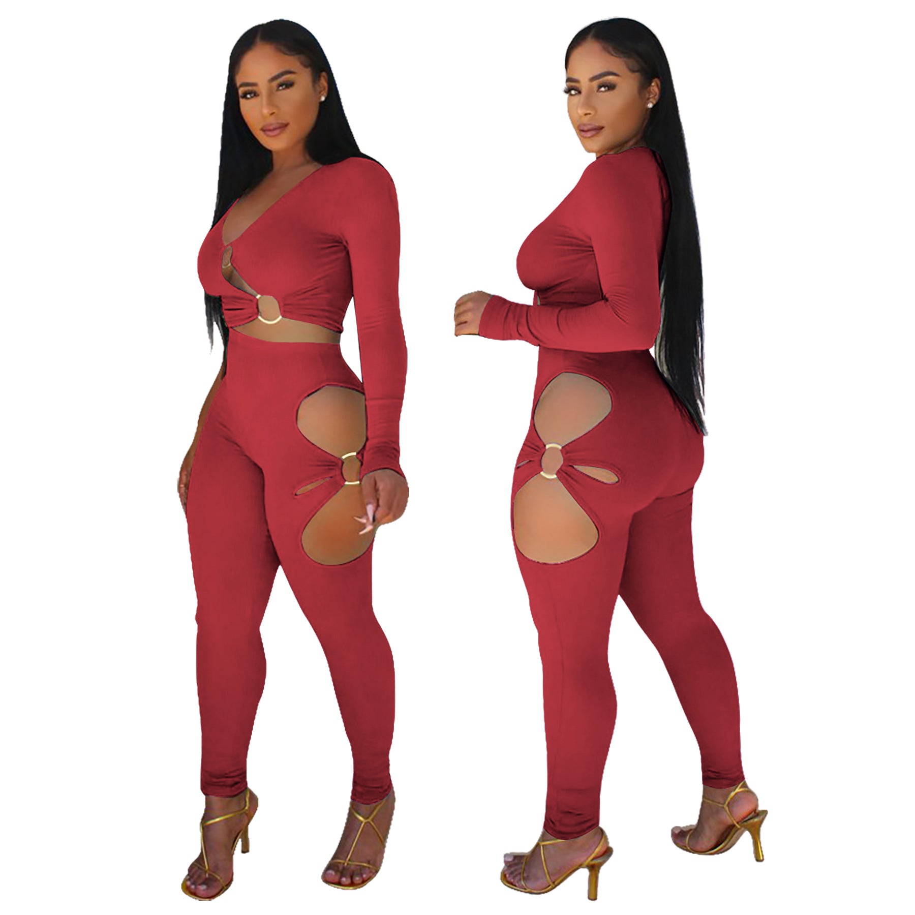 Fashionable Women's Solid Color High-Stretch Ribbed Sexy V-Neck Two-Piece Pants Set 7