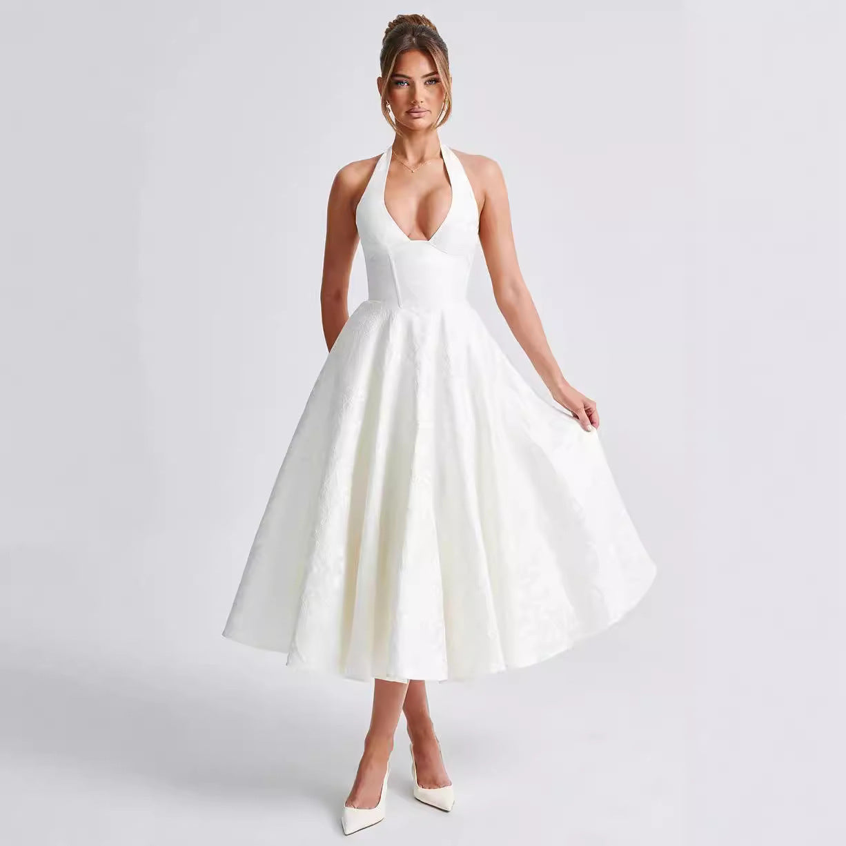 V Neck Halter Neck Jacquard Lace Long Dress Slim Waist Holiday Gown 6