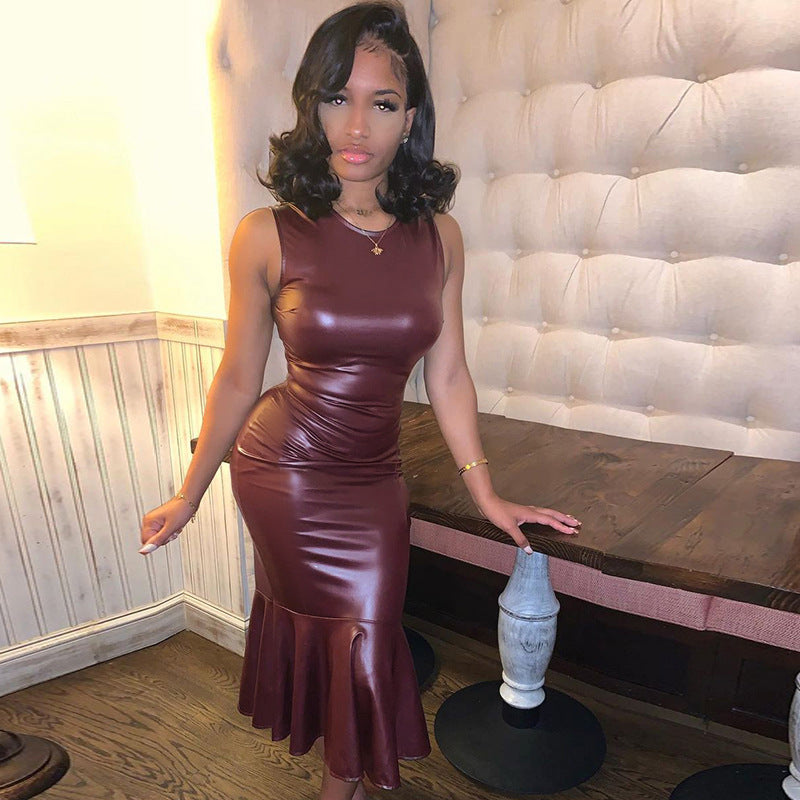 Women PU Leather Round Neck Sleeveless Bodycon Pleated Mermaid Dress 5