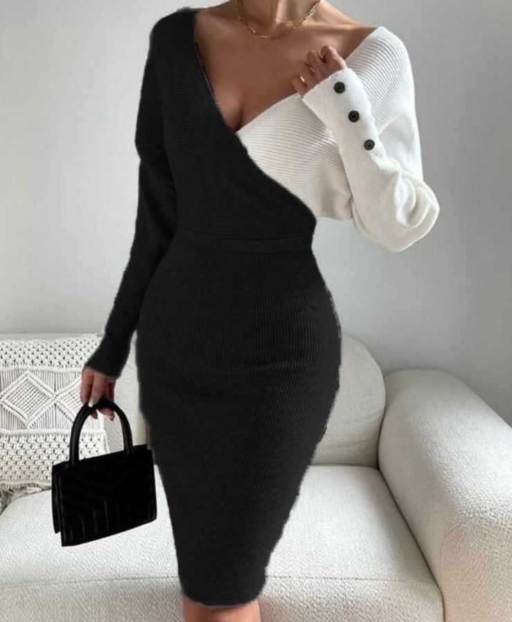 Women Autumn and Winter V-Neck Contrast Color Sexy Bodycon Knitting Dress 7