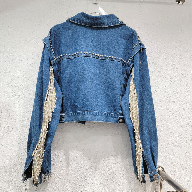Diamond Tassel Denim Jacket Women's Trendy Spring Loose Long-Sleeved Tops