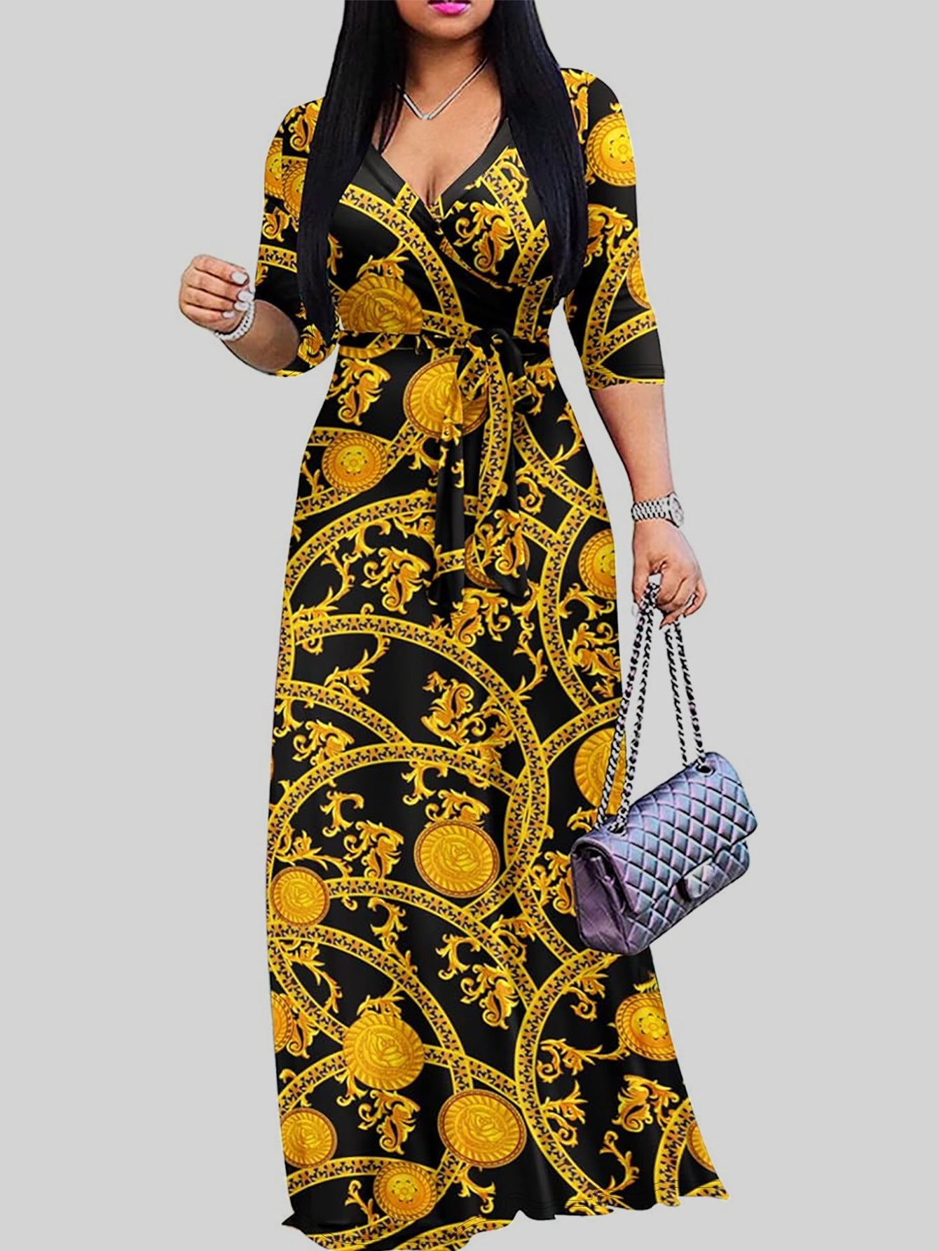 Spring & Autumn Women's Fashion Elegant Wrap V-Neck Half-Sleeve Print Belt Maxi Dress 37