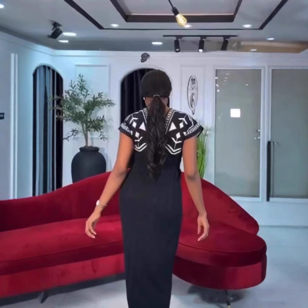 Women's Spring Elegant V-Neck High Waist Knit Jacquard Long Dress 7