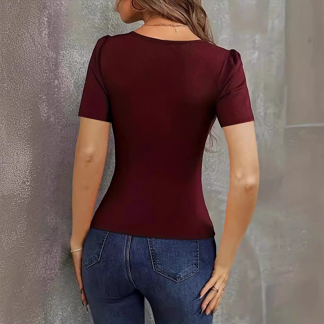 Summer Women's Short Sleeve Low Neck Slim Knitting Top 6