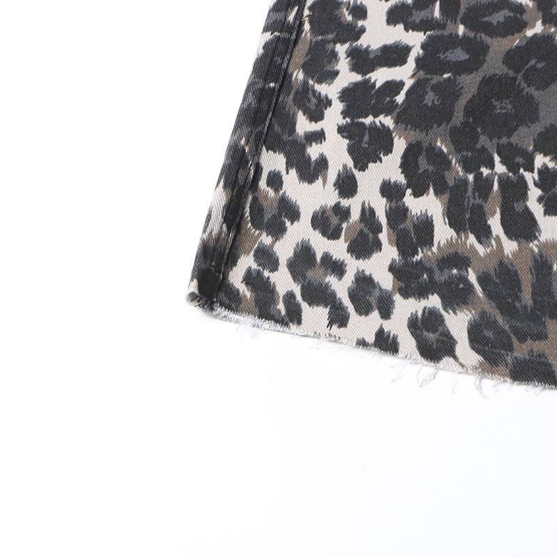 Autumn American Retro Leopard Print High Waisted Slim Fit Straight Jeans Ripped Denim Pants 16