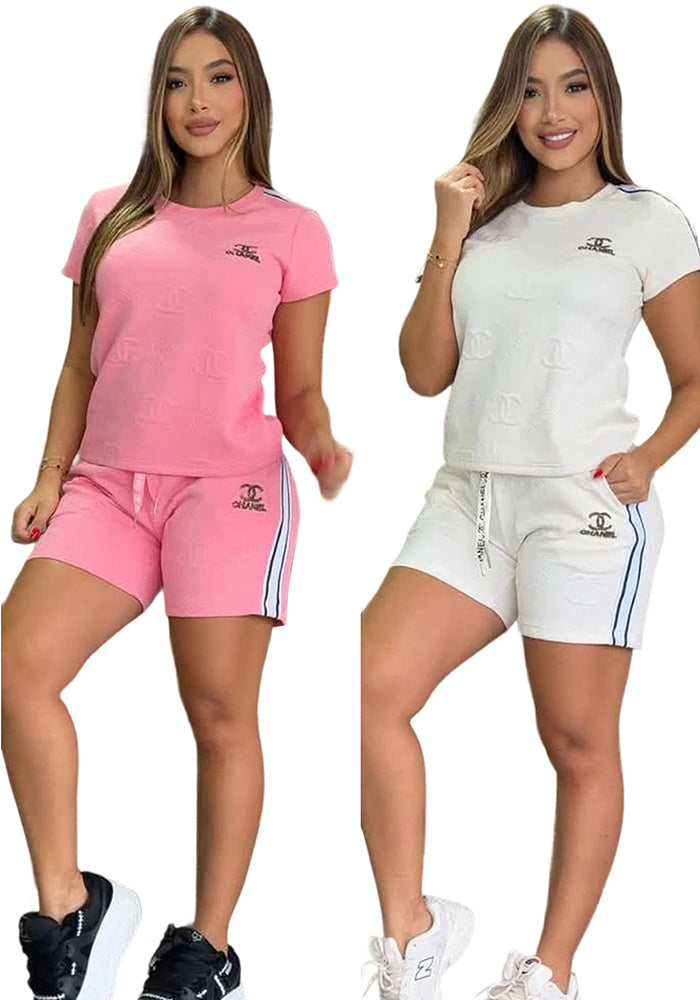 Women Jacquard Short Sleeve Top and Shorts Sports Two Piece Set