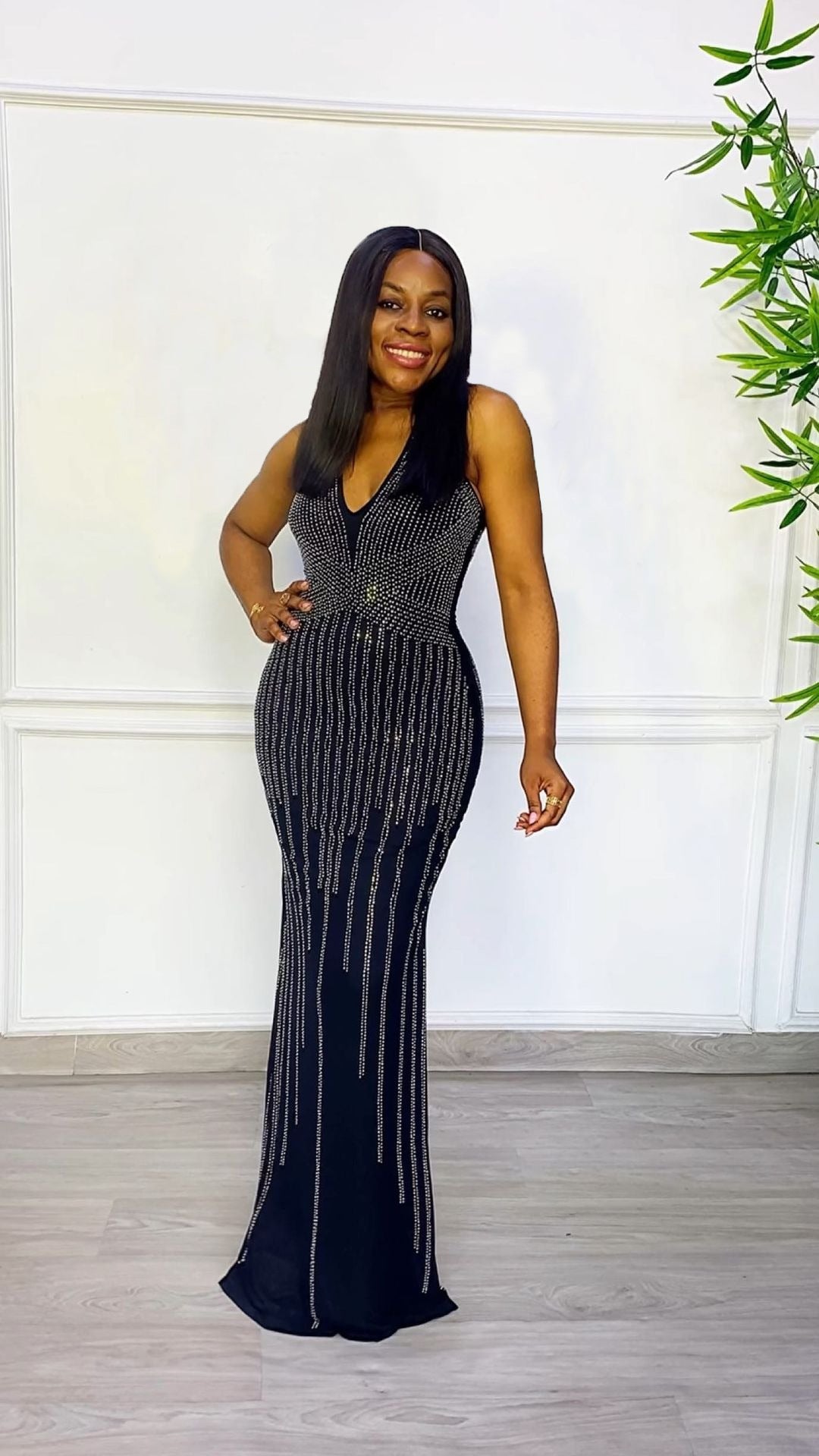 Sexy Beaded V-Neck Sleeveless Slim Elastic Long Dress