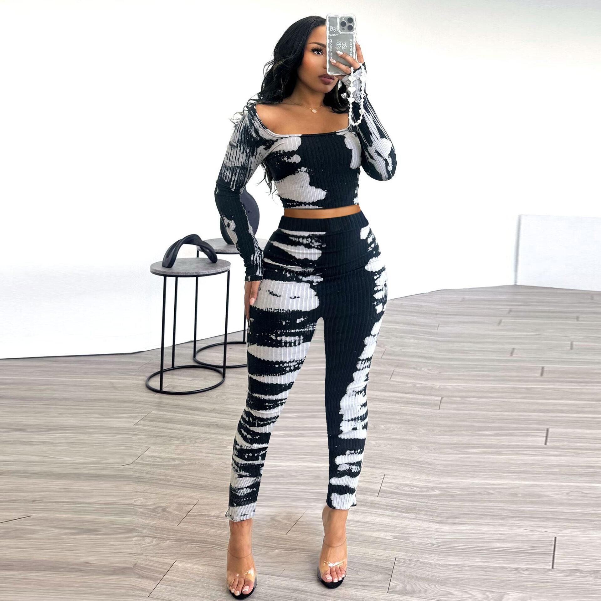 Sexy Printed Slim Fit Stretch Ribbed Two-Piece Pants Set
