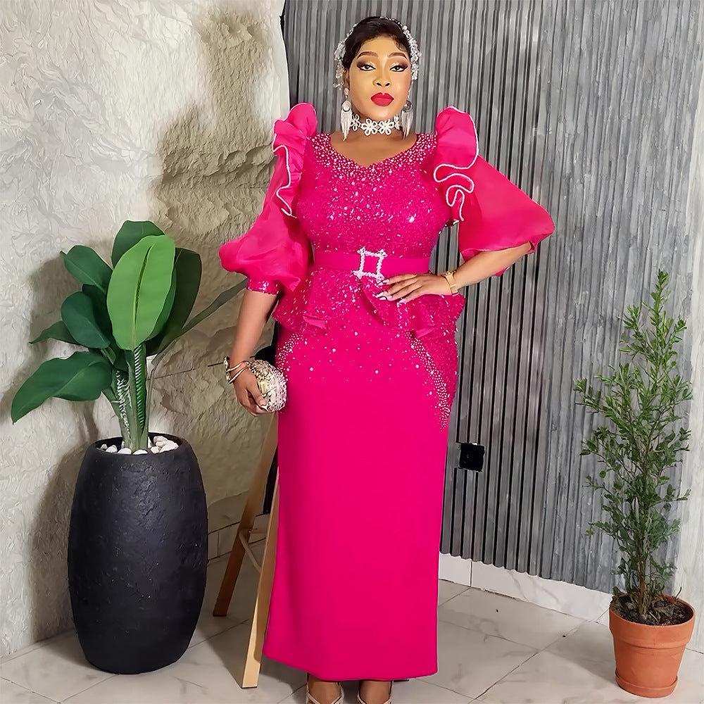 African Plus Size Women's Fashion Puff Sleeve Party Dress Beaded Sequin High Waist Gown 4