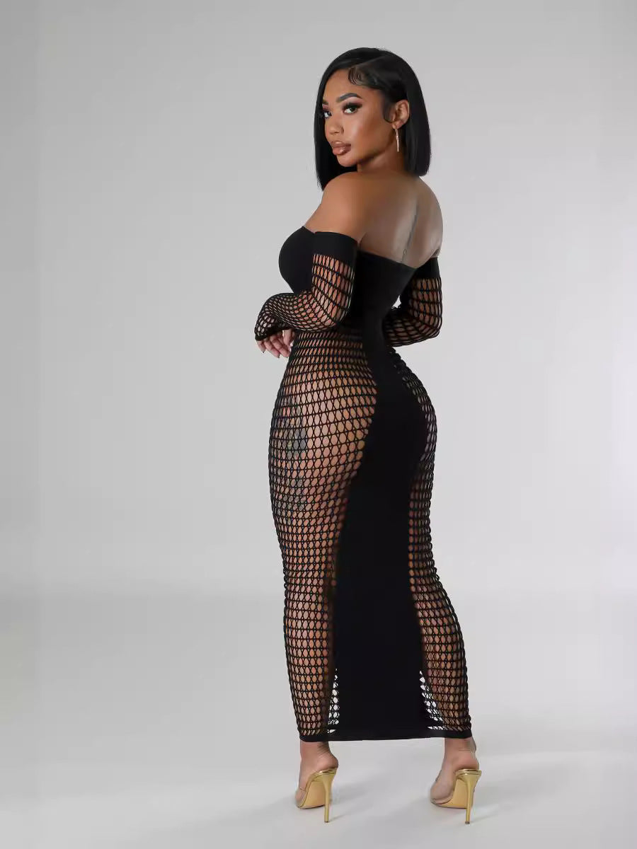 Off Shoulder Long Sleeve Stretch See Through Sexy Dress 5