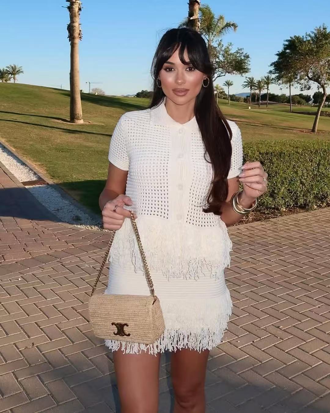 Women's Fringe Short-Sleeve Knit Jacket + High-Waisted Mini Skirt Set 10